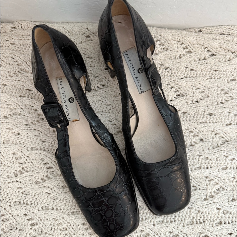 Saks Fifth Avenue Black Croc-Patterned Block Heels